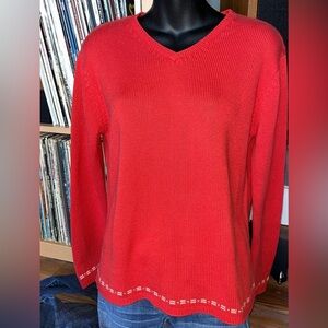 Lady Fairway Pullover Sweater Women’s S Red Hem Accent Knit V-Neck Soft